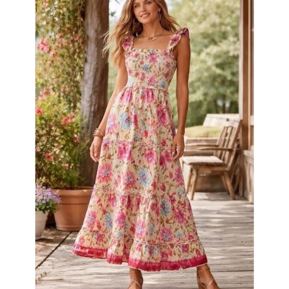 House of Harlow 1960 Zoey Khaki Ruched Flutter Smocked Maxi Dress Size Large